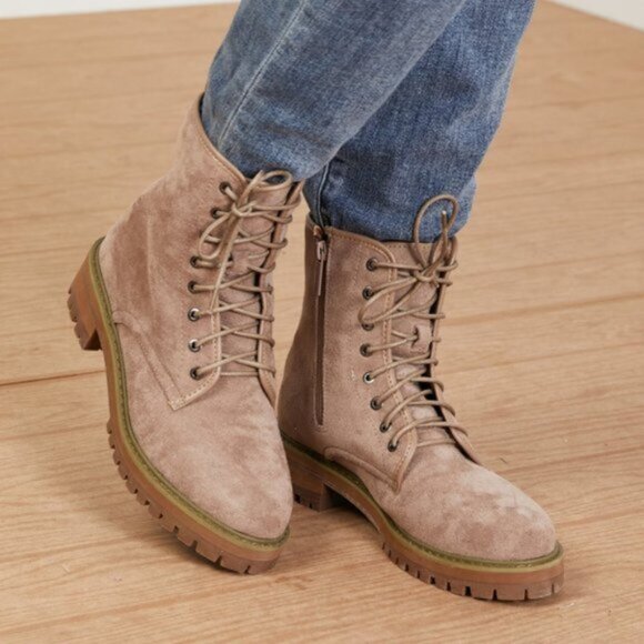 "Best of Luck" Khaki Combat Lace-up Suedette Booties - Picture 3 of 16